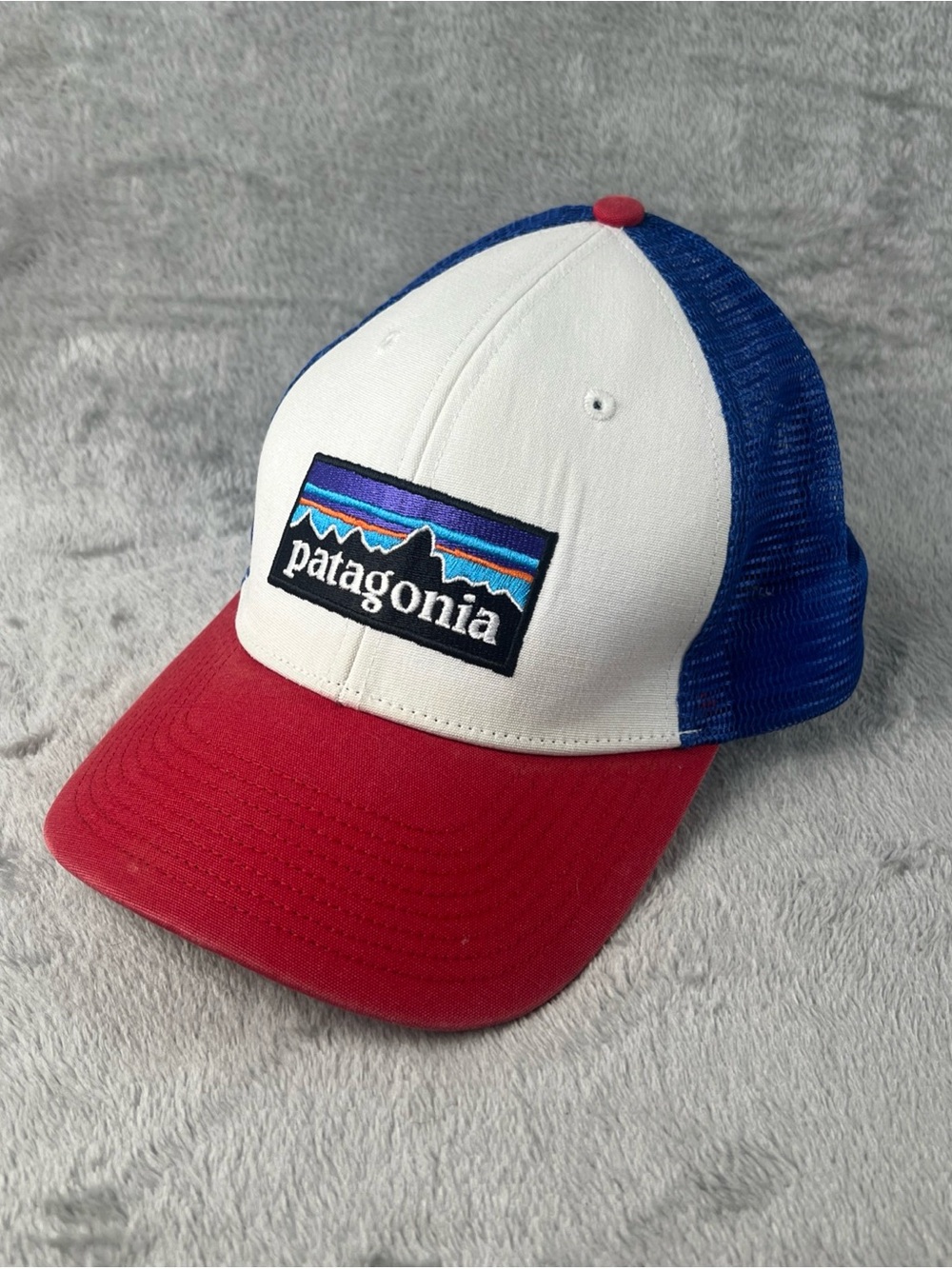 Patagonia Mesh Snapback Hat Big Logo Patch Ball Trucker Cap White Blue